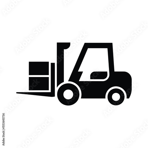 Simple black silhouette icon of a forklift truck lifting a box on white background