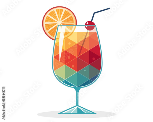Colorful cocktail in geometric glass with orange slice and straw  