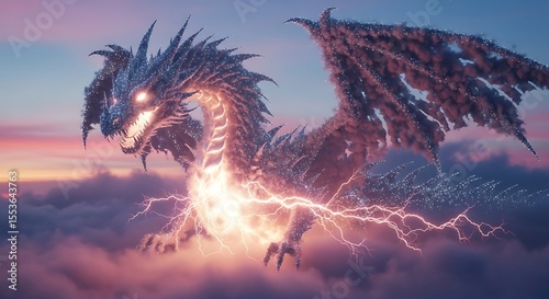 A majestic, ice-covered dragon soars through a vibrant sunset sky, surrounded by clouds and lightning.