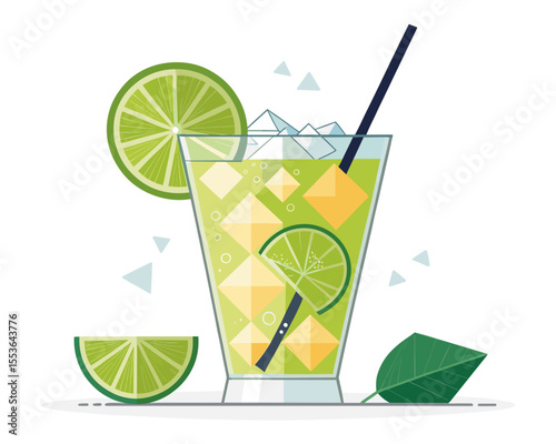 Refreshing lime cocktail with ice and straw in modern style  