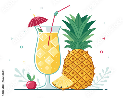 Tropical cocktail with pineapple and cherry on white background  
