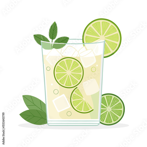 Fresh lime mojito cocktail with mint leaves and ice cubes  