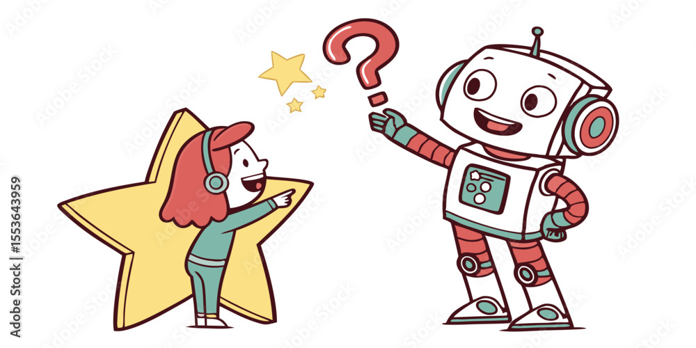 Fototapeta premium Charming design features a girl with star alongside a curious robot holding a question mark, perfect for educational or whimsical projects.