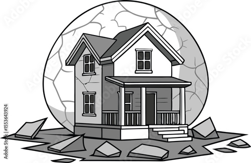Cartoon Home Shattered in Sphere of Destruction, Illustrating the Fragility of Life and the Inevitability of Change Vector Illustration