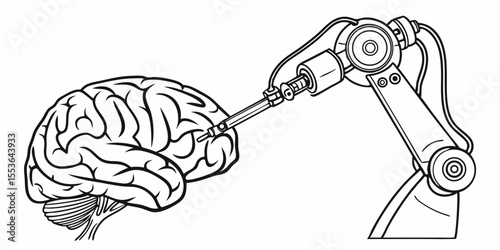 Robotic arm engaging with a brain outline represents advanced technology and neurological research concepts with clean lines.