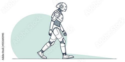 Detailed line art presents a walking robot, great for futuristic themes and technological applications, suitable for digital platforms.