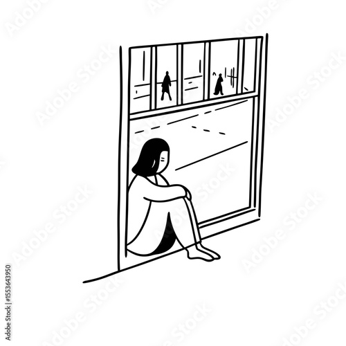 Young woman sitting by window and looking outside with a pensive expression  