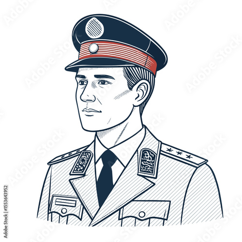 Male officer in uniform with military hat and serious expression  