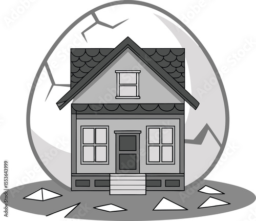 Cracked Egg Shell House Metaphor Representing Vulnerability and Fragility of Homeownership with Danger and Potential for Destruction Depicted Vector Illustration