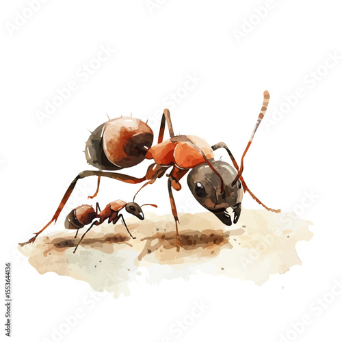 A Mother Ant With Her Kid, watercolor drawing vector, isolated on a white background.