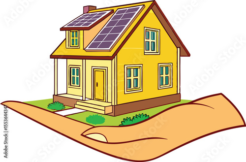 Symbolic Hand Caring for Eco Friendly Solar Powered Home Illustrating Green Energy and Sustainable Living Concept Vector Illustration