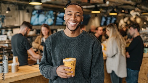 Smiling young man holding coffee cup inside modern coffee shop with busy background and warm lighting
