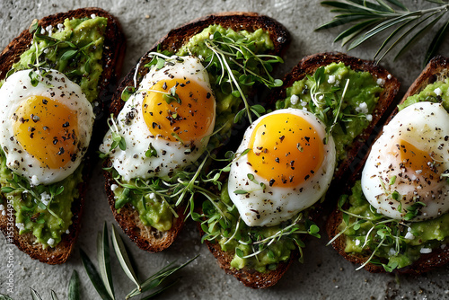 flat lay of avocado toast topped with poached eggs microgreens and seasoning on dark rye bread over stone background perfect for healthy breakfast brunch menu or clean eating food content