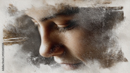 A face in profile, eyes closed and covered with gray dust on the skin. The background is light white paper with watercolor stains. High-resolution digital photography, high detail, cinematic.