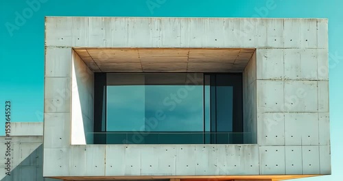 Modern concrete building with large windows overlooking the sea under a clear blue sky.