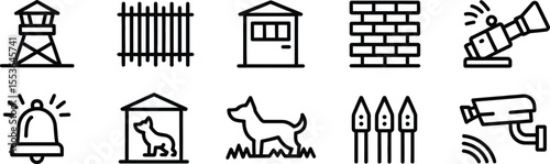 Vector Icon Set for Security and Surveillance, Includes Guard Dog, Camera, and Fence 