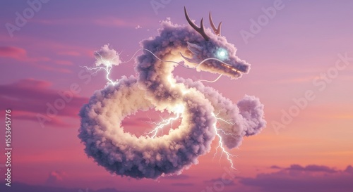 Cloud-formed dragon with glowing lightning flies through pastel skies.