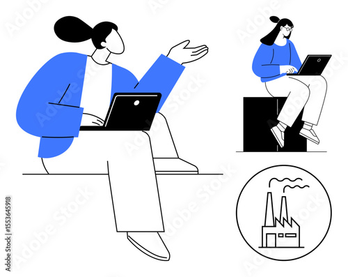 Two women using laptops, one seated on a block, connected to technology and industrial concepts. Ideal for productivity, remote work, teamwork, communication, innovation, industry simple flat