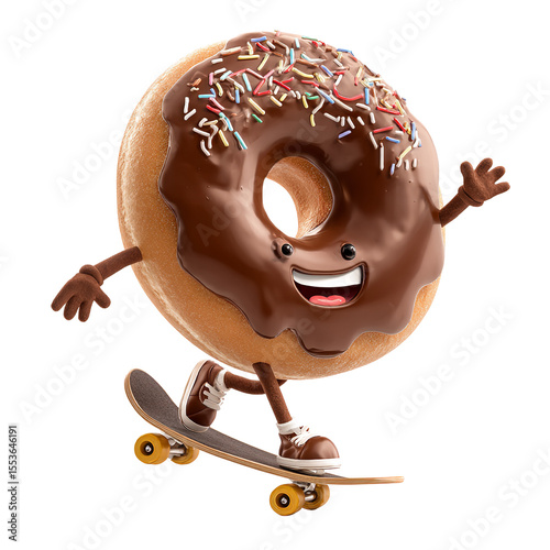 Chocolate donut with sprinkles skateboarding cartoon character cute food dessert sweet treat funny design fun art on transparent background