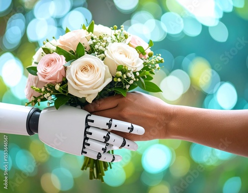 robot hand holding bouquet towards human hand