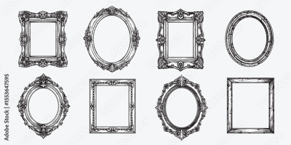 Hand drawn picture frames set. Sketch style highly detailed oval and rectangular wooden frames. Vintage retro wall decoration. Vector illustrations isolated on white background. Hand drawn picture frames set. Sketch style highly detailed oval and rectangular wooden frames. Vintage retro wall decoration. Vector illustrations isolated on white background.