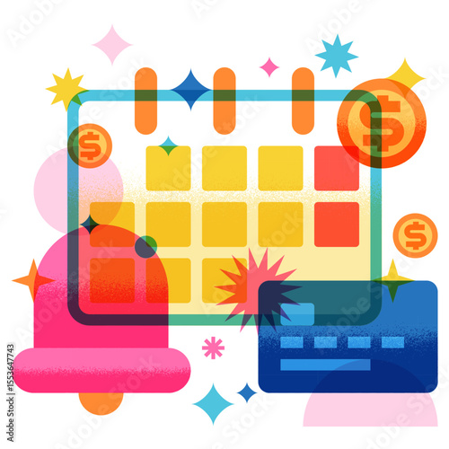 Vector illustration of calendar, credit card, bell alert. Payment reminder, notification, planning, budget concept