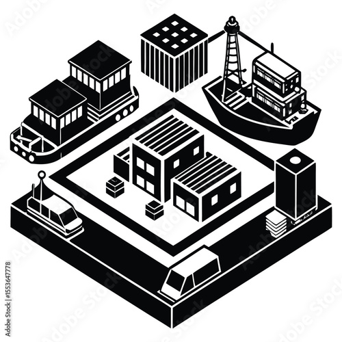 Sea container terminal. Ship-to-shore, and storage containers zone, which is represented the work rtg and sts cranes and related equipment, terminal tractors and container handler 
