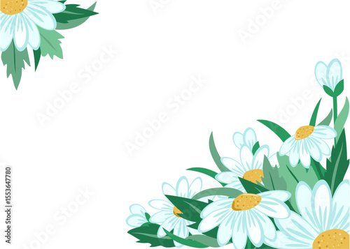Banner, flowers, chamomile on a white isolated background with space for text. For a colorful greeting card, invitation. Set of meadow flowers.