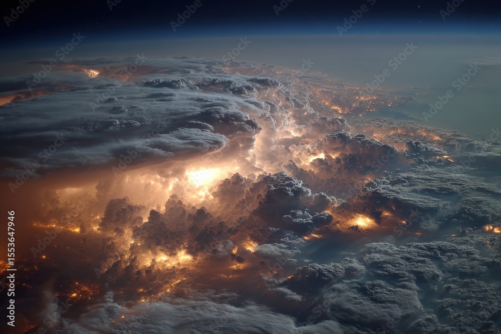 Naklejka premium Bright flashes of lightning pierce through dense clouds, revealing the landscape below during a stormy night