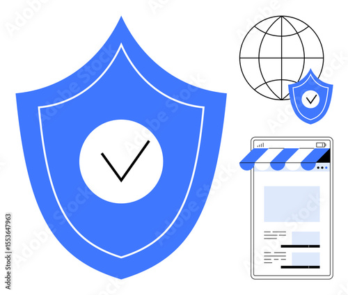 Shield with checkmark, globe, and online storefront visuals emphasize cybersecurity, trust, and digital safety. Ideal for e-commerce, privacy, internet safety, trust technology secure browsing