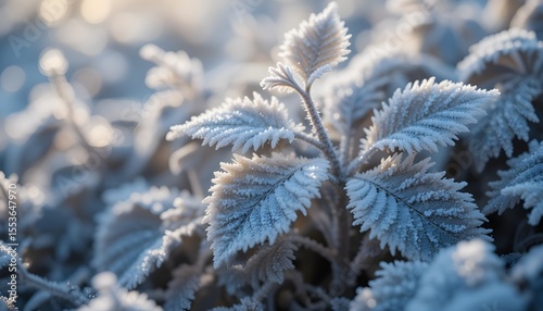 close-up of frost-covered leaves on a cold morning, intricate ice crystals catching the sunlight, soft blue tones -