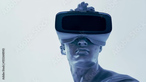 Male statue wearing virtual reality headset. Metaverse concept showcasing modern technology meeting classical art. Digital reality vision footage.