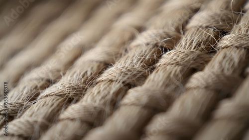 Close up macro view of thick natural fiber rope texture with shallow depth of field