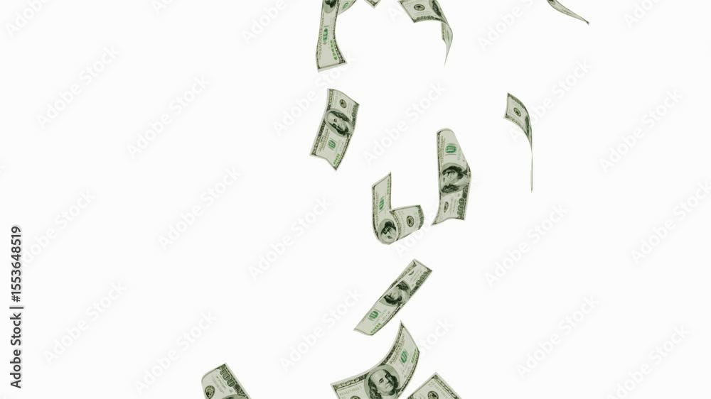 3d dollars bills falling down animation. Money rain loop One hundred dollar, Banknotes Money Flying, United States dollars falling transparent alpha channel 4k video., Money rains from the sky.