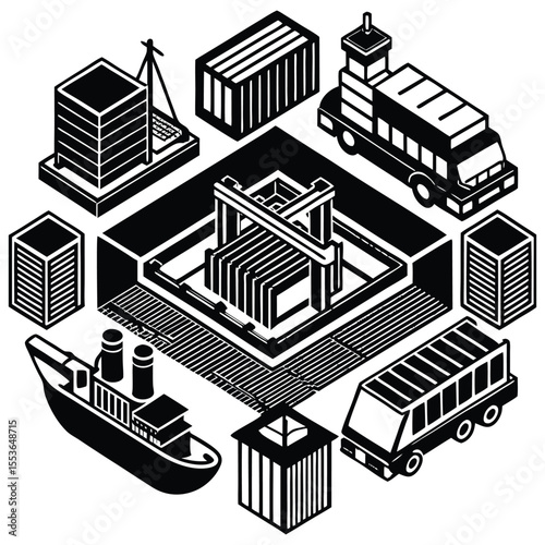 Sea container terminal. Ship-to-shore, and storage containers zone, which is represented the work rtg and sts cranes and related equipment, terminal tractors and container handler 