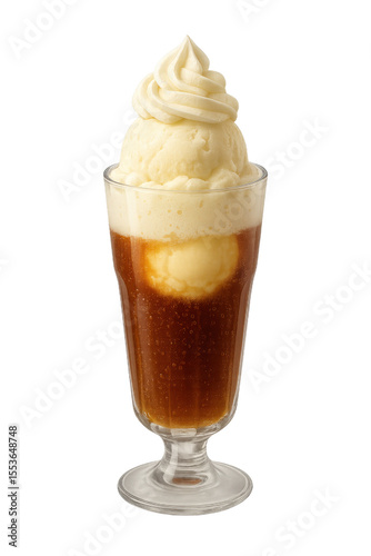 Ice Cream Float with Vanilla Scoop and Whipped Cream in Tall Glass with Soft Glow, Cutout Transparent PNG