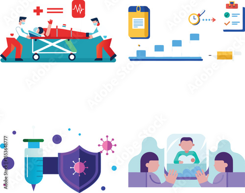 Vector art of medical emergency response team and vaccination icons isolated on white background