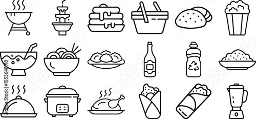 Set of 18 line icons related to food and drinks, outline icon bundle