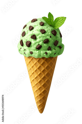 Mint Chocolate Chip Ice Cream in Waffle Cone with Glossy Chocolate Chunks and Fresh Mint, Cutout Transparent PNG