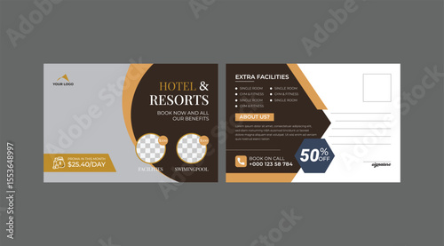 Hotel Resort postcard design template. hotel and resorts Travel post card template design Layout