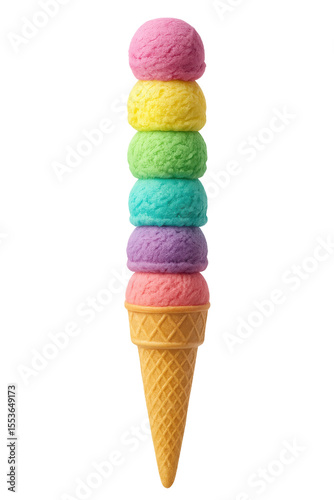 Five-Scoop Rainbow Ice Cream Cone with Crisp Waffle Texture, Cutout Transparent PNG