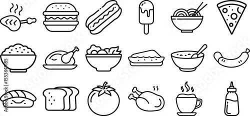 Set of 18 line icons related to food and drinks, outline icon bundle