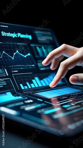 Close up of a hand interacting with a futuristic digital interface displaying strategic planning data
