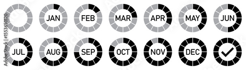 Monthly progress tracker with circular calendar icons for each month. Circular monthly progress tracker with 12 calendar icons representing january to december. each icon shows partial fill progress.