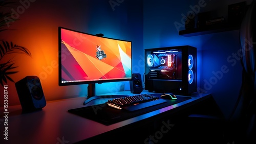 Modern gaming setup with a curved monitor and illuminated computer tower in a dark room