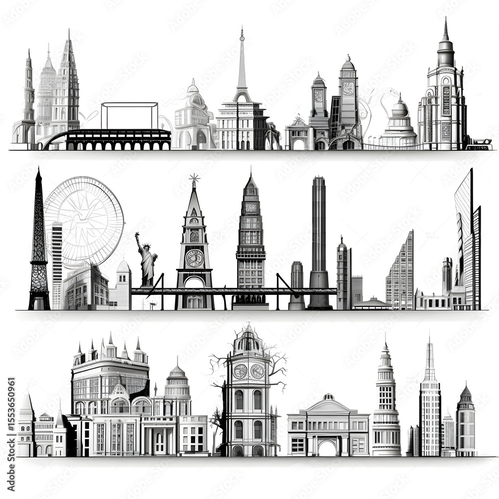 Fototapeta premium Classic architecture collection with ornate facades and historical styles.