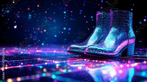 Glittery boots on neon floor, sparkling background, fashion ad
