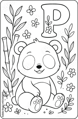 Cute Panda Surrounded By Bamboo And Flowers For Coloring