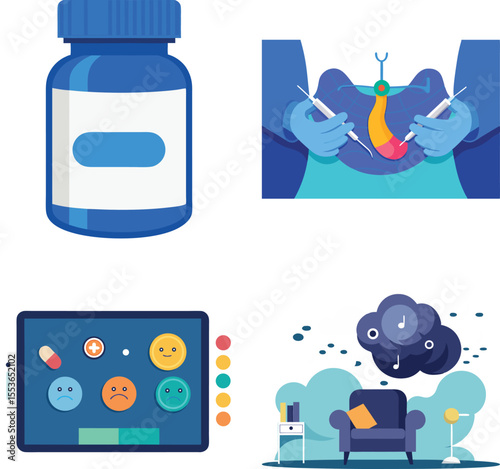 Vector art of pill bottle, surgery, mental health, and therapy concepts
