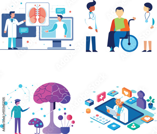 Vector art of doctors consulting patients, brain health, and telemedicine
